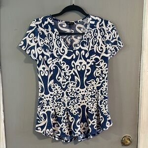 SAMI & JO SS Top Navy Denim Look White Stitch Design Pleated Flare Bottom Size S